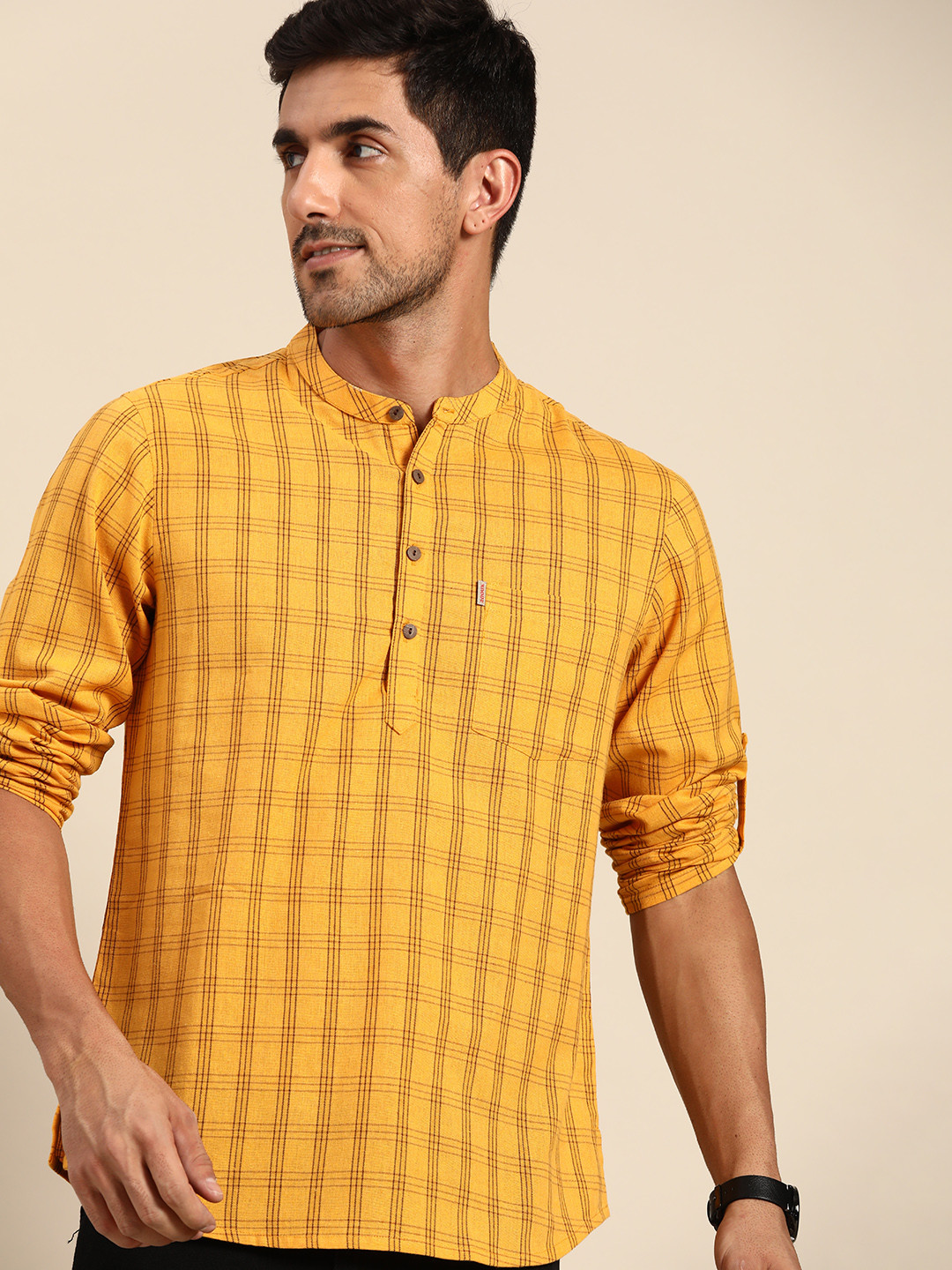 

Anouk Men Mustard Yellow & Black Checked Kurta