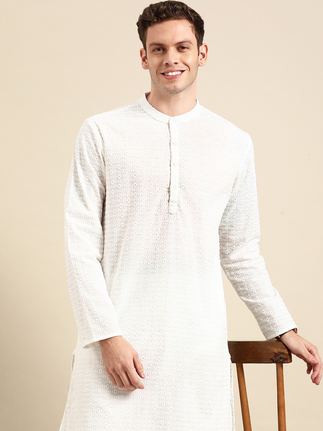 

Anouk Men White Floral Embroidered Thread Work Pure Cotton Kurta with Churidar