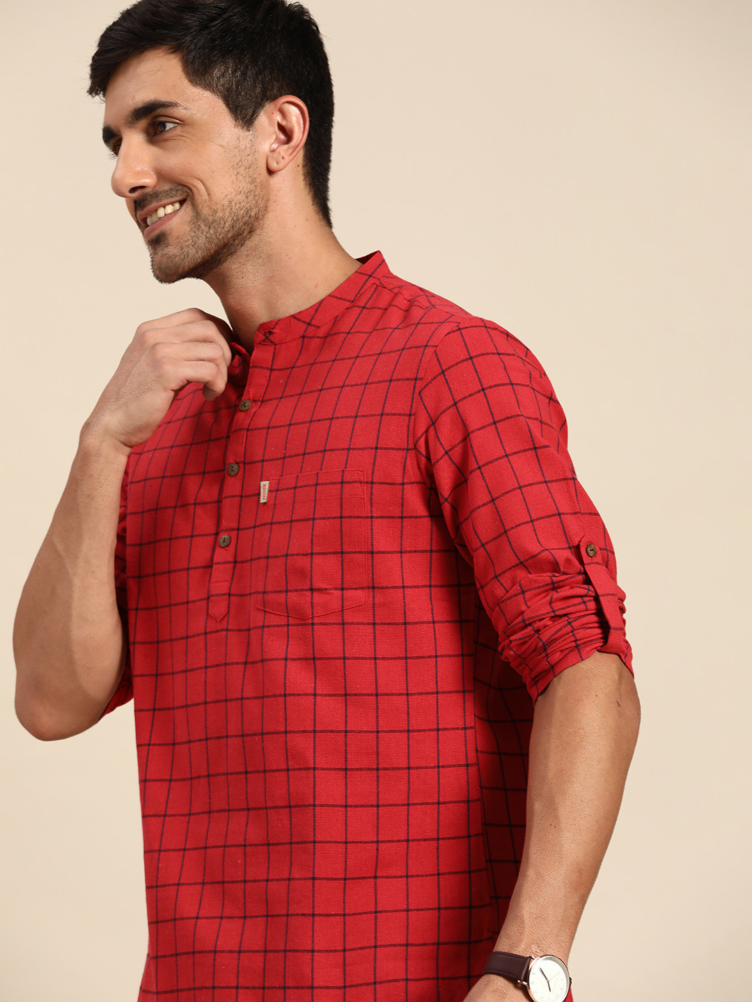 

Anouk Men Red & Navy Blue Checked Kurta