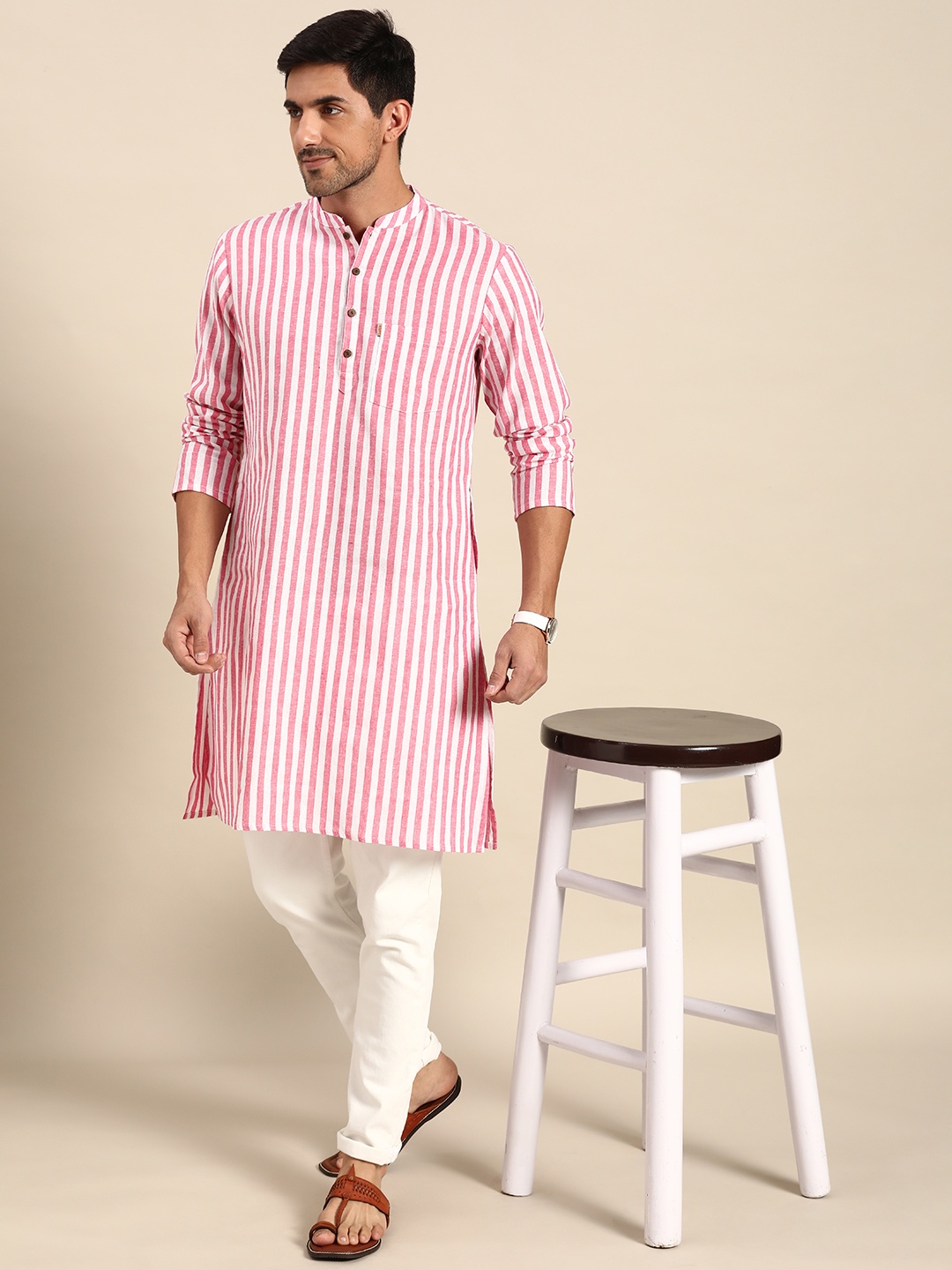 

Anouk Men Pink & White Striped Pure Cotton Kurta