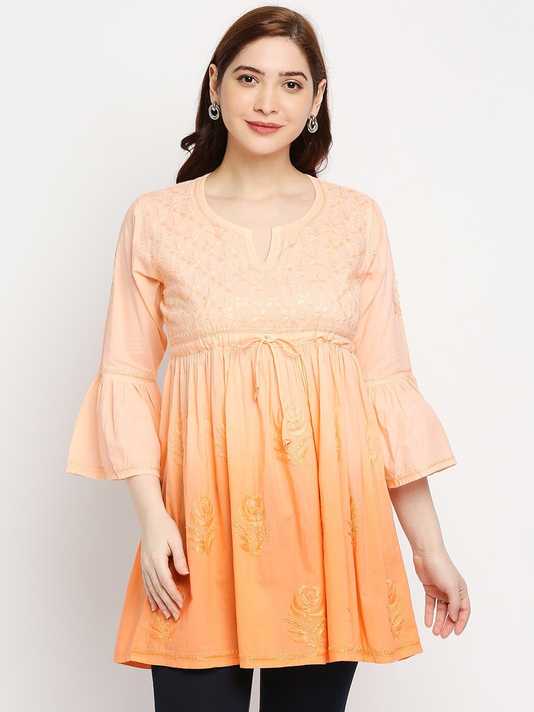 

Indiankala4u Orange Floral Embroidered Pure Cotton Chikankari Longline Top