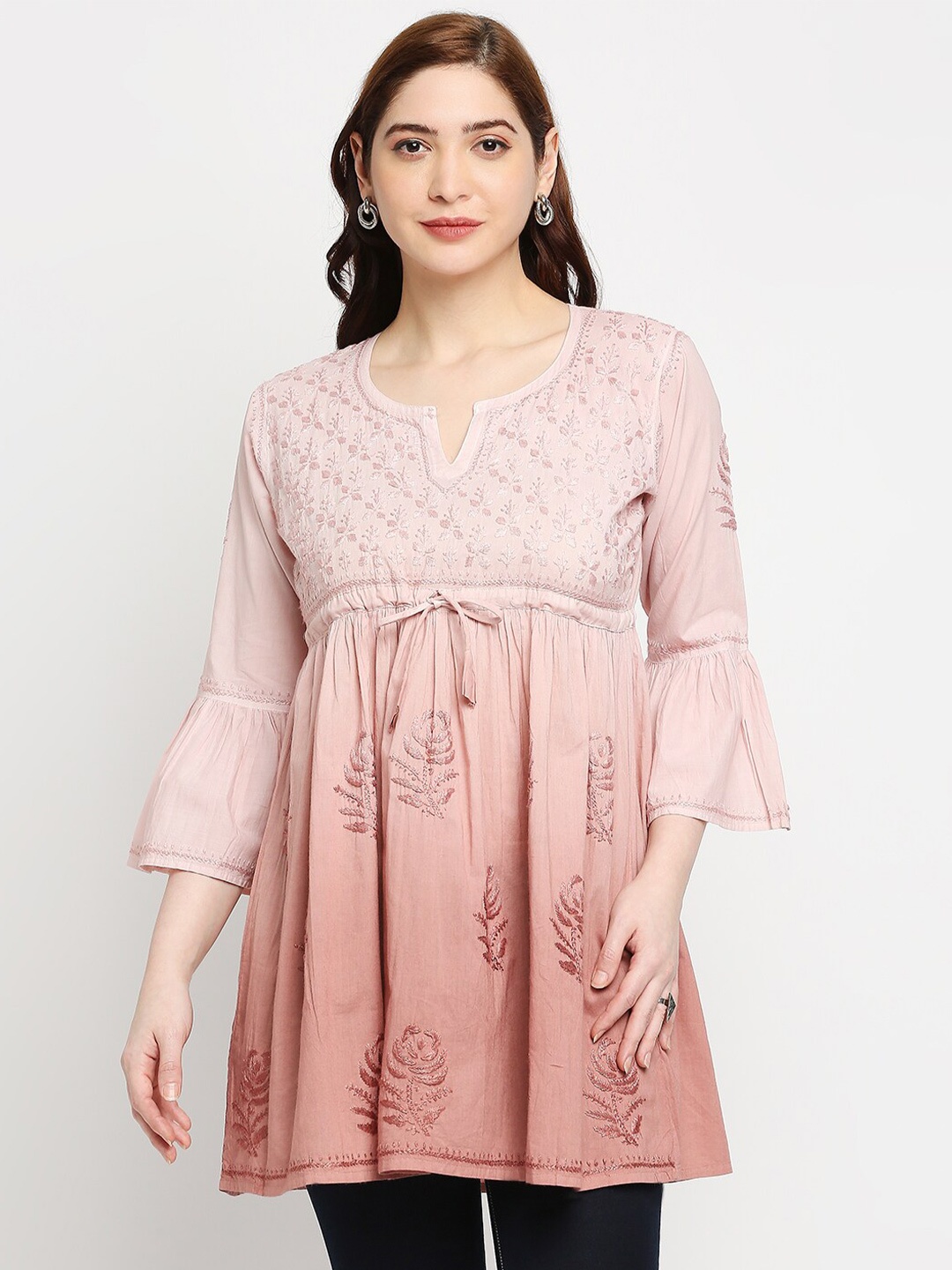 

Indiankala4u Beige Embroidered Chikankari Cotton Empire Longline Top