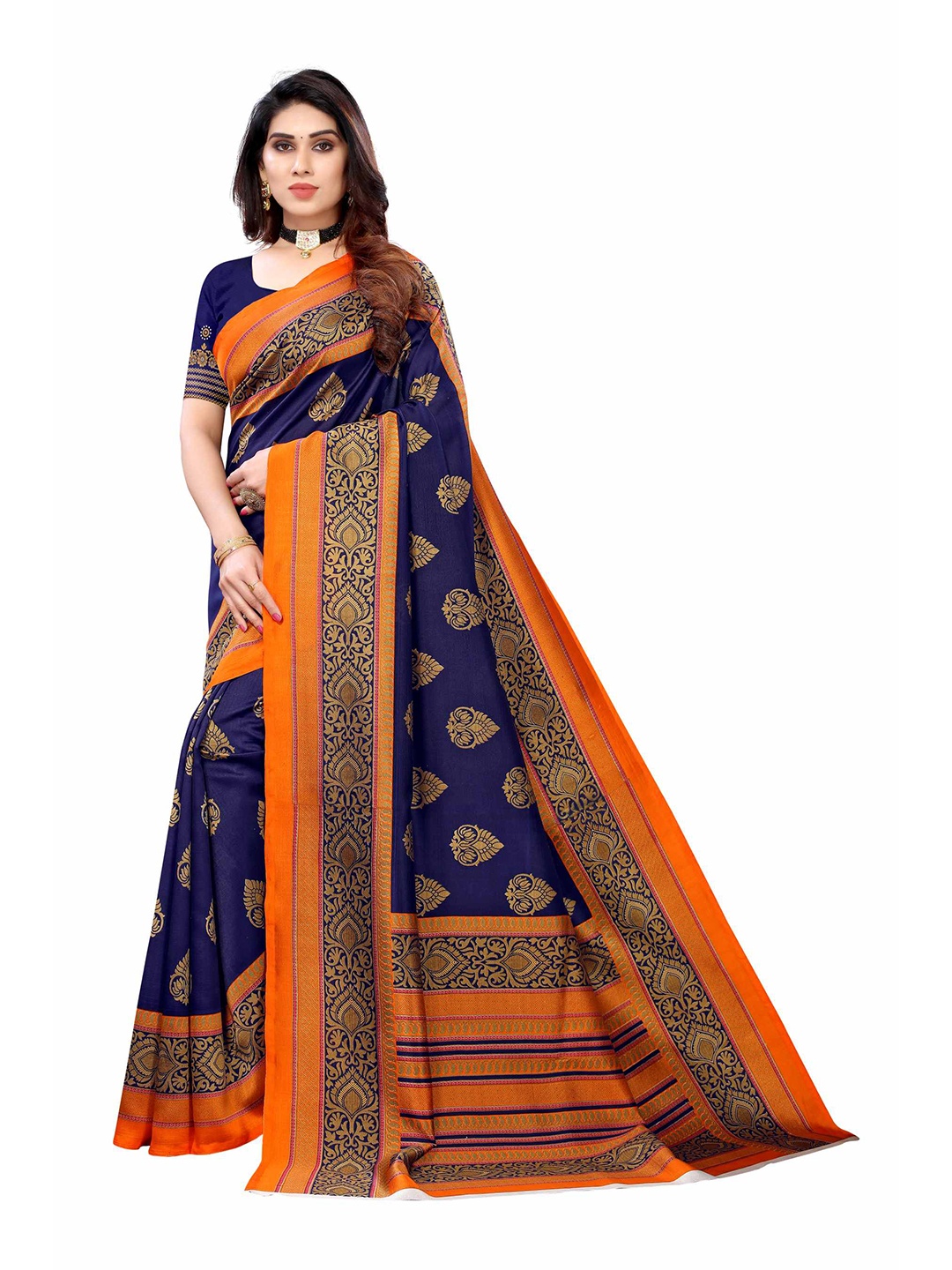 

AADVIKA Navy Blue & Orange Floral Mysore Silk Saree