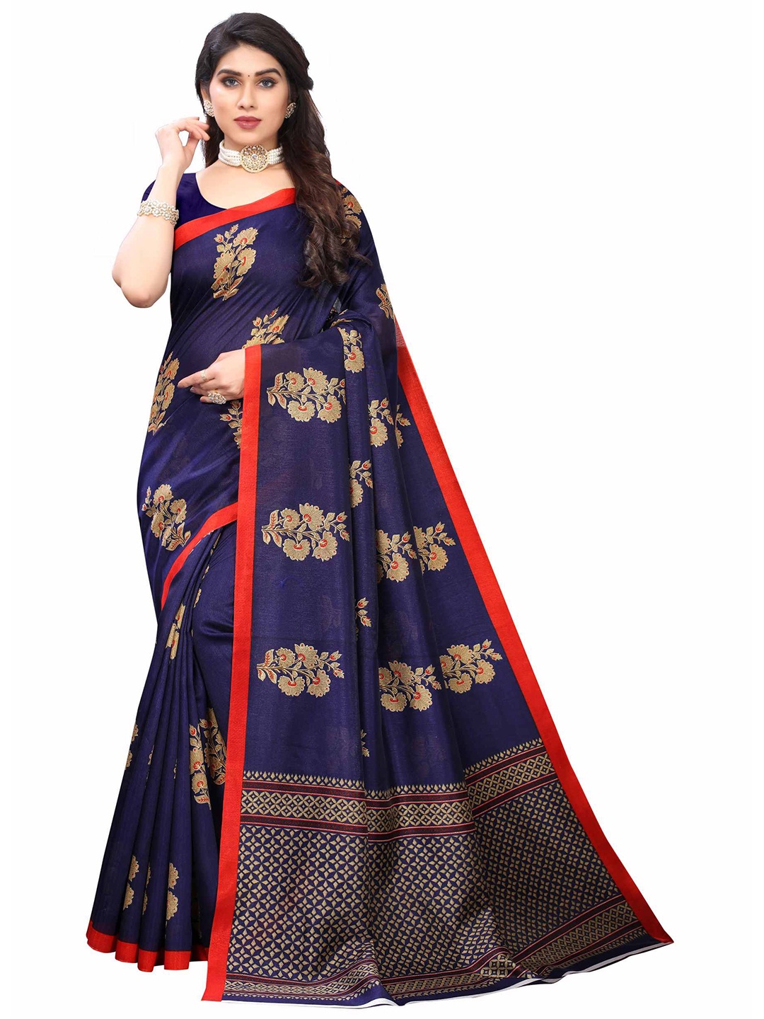 

AADVIKA Women Navy Blue & Red Floral Printed Art Silk Sarees