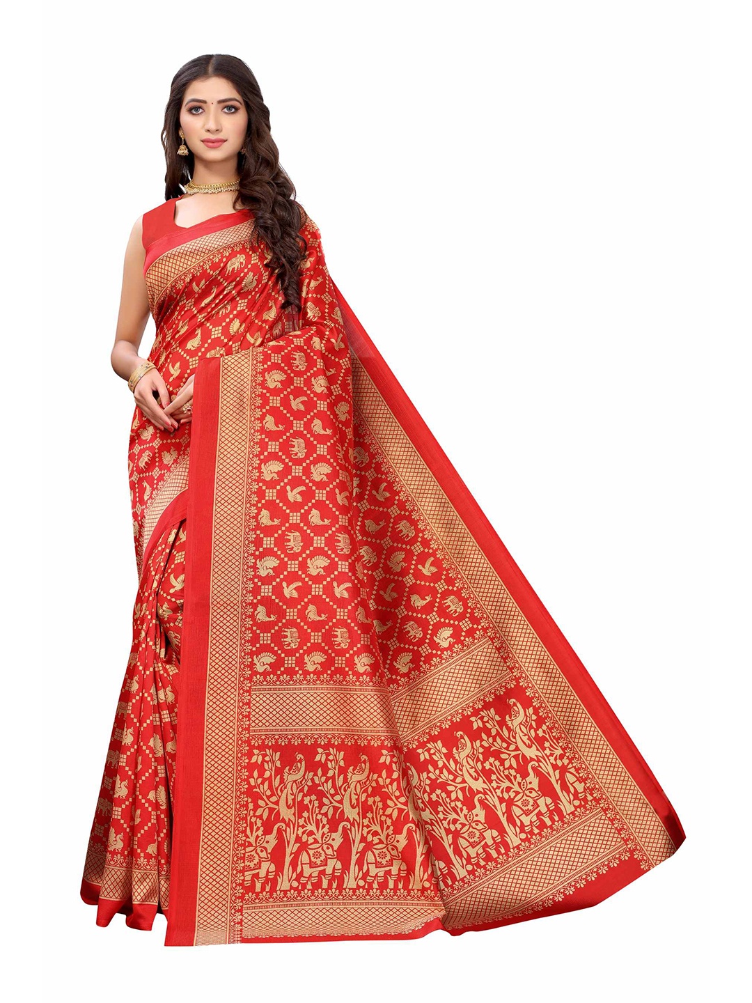 

AADVIKA Red & Gold-Toned Ethnic Motifs Art Silk Mysore Silk Saree