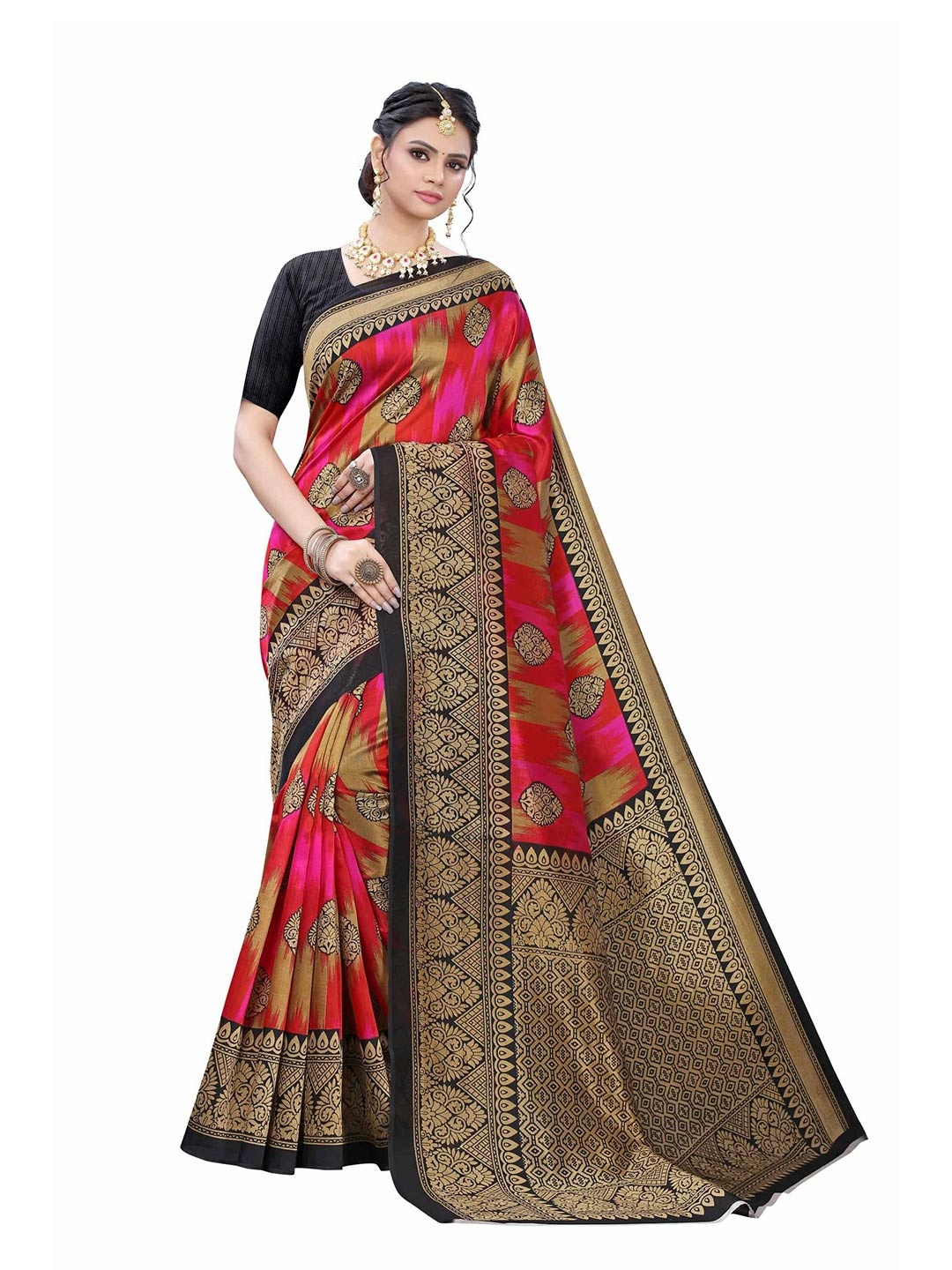 

AADVIKA Pink & Gold-Toned Floral Art Silk Mysore Silk Saree
