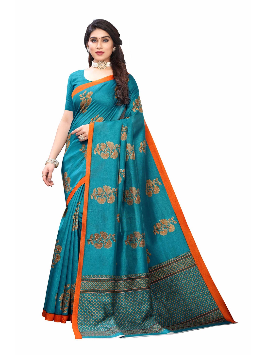 

AADVIKA Green & Orange Floral Art Silk Mysore Silk Saree