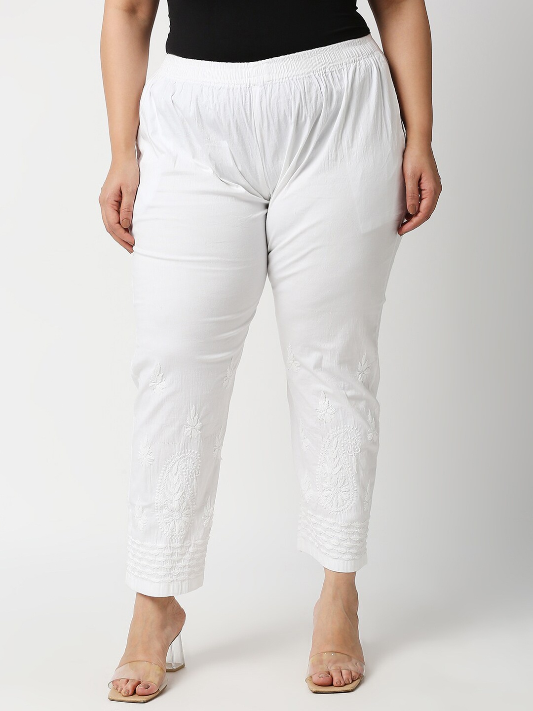 

Indiankala4u Women Plus Size White Ethnic Motifs Embroidered Cigarette Trouser