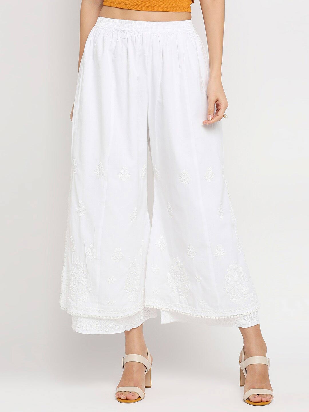 Indiankala4u Women White Chikankari Embroidered Cotton Layered Palazzo