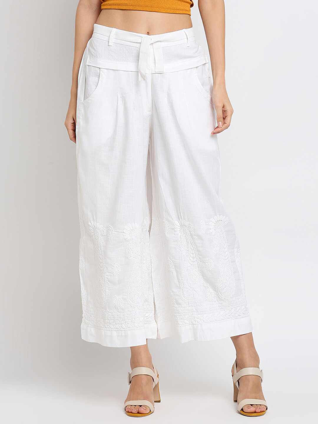 

Indiankala4u Women White Chikankari Embroidered Linen Palazzo