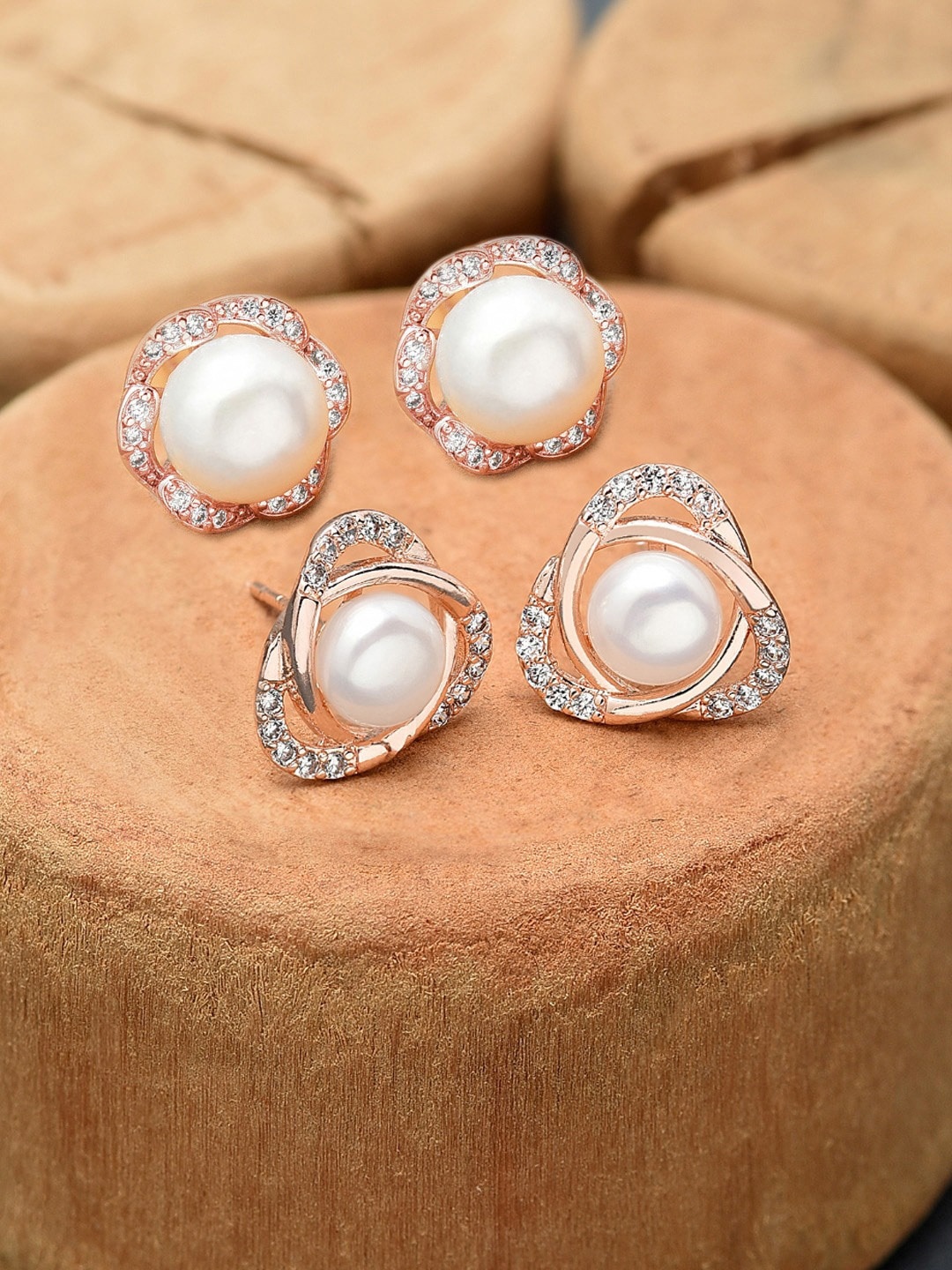 

Zaveri Pearls Set of 2 Rose-Gold Plated Contemporary Studs