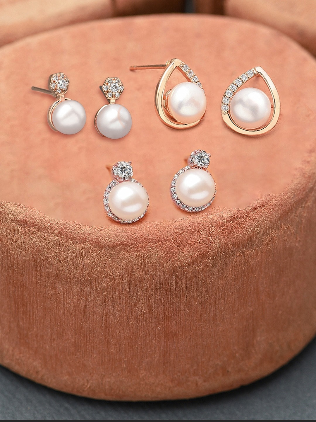 

Zaveri Pearls Rose Gold Plated Set of 3 Contemporary CZ Studs Earrings