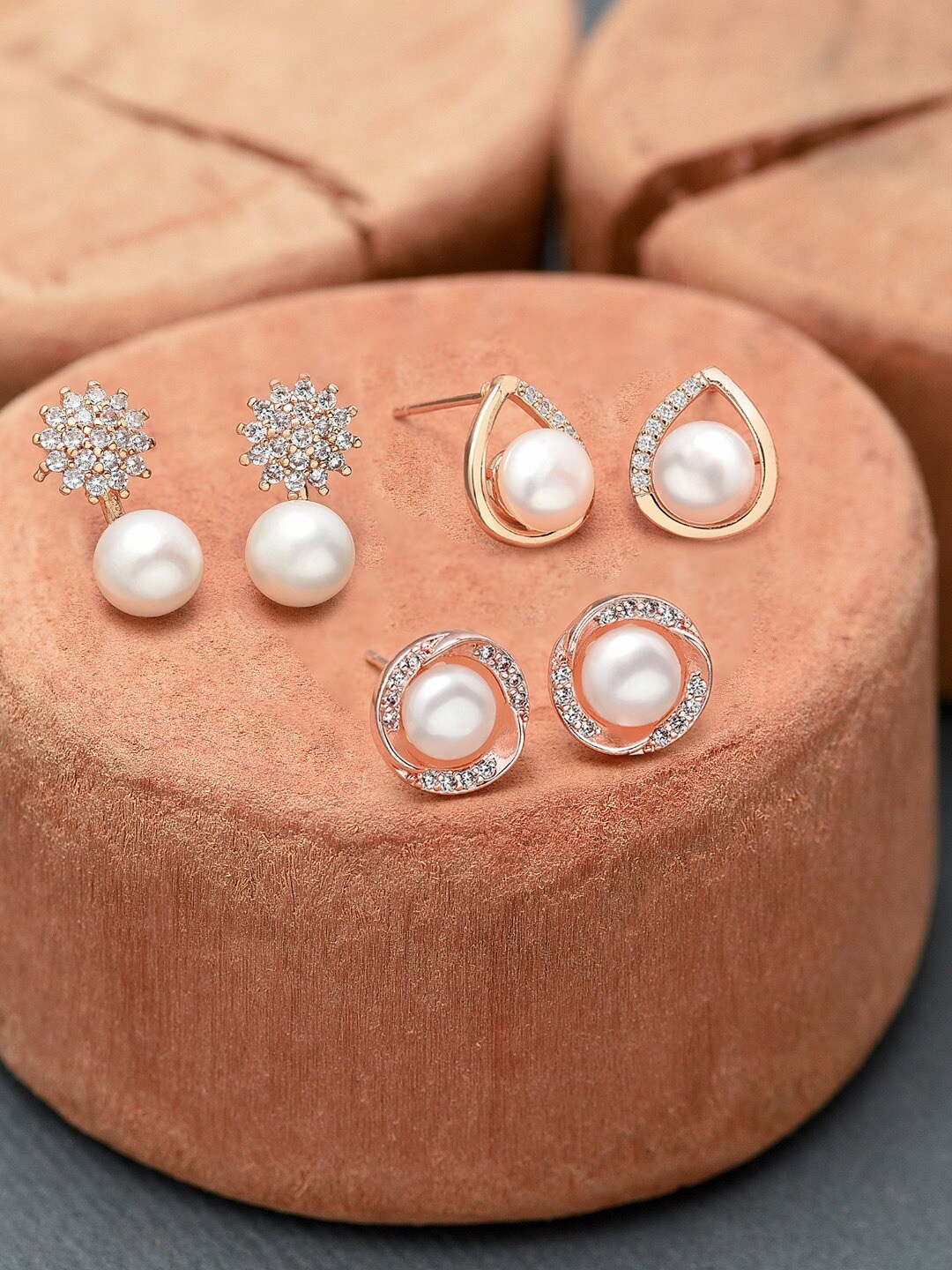 

Zaveri Pearls Set of 3 Rose Gold Plated & White Circular Studs