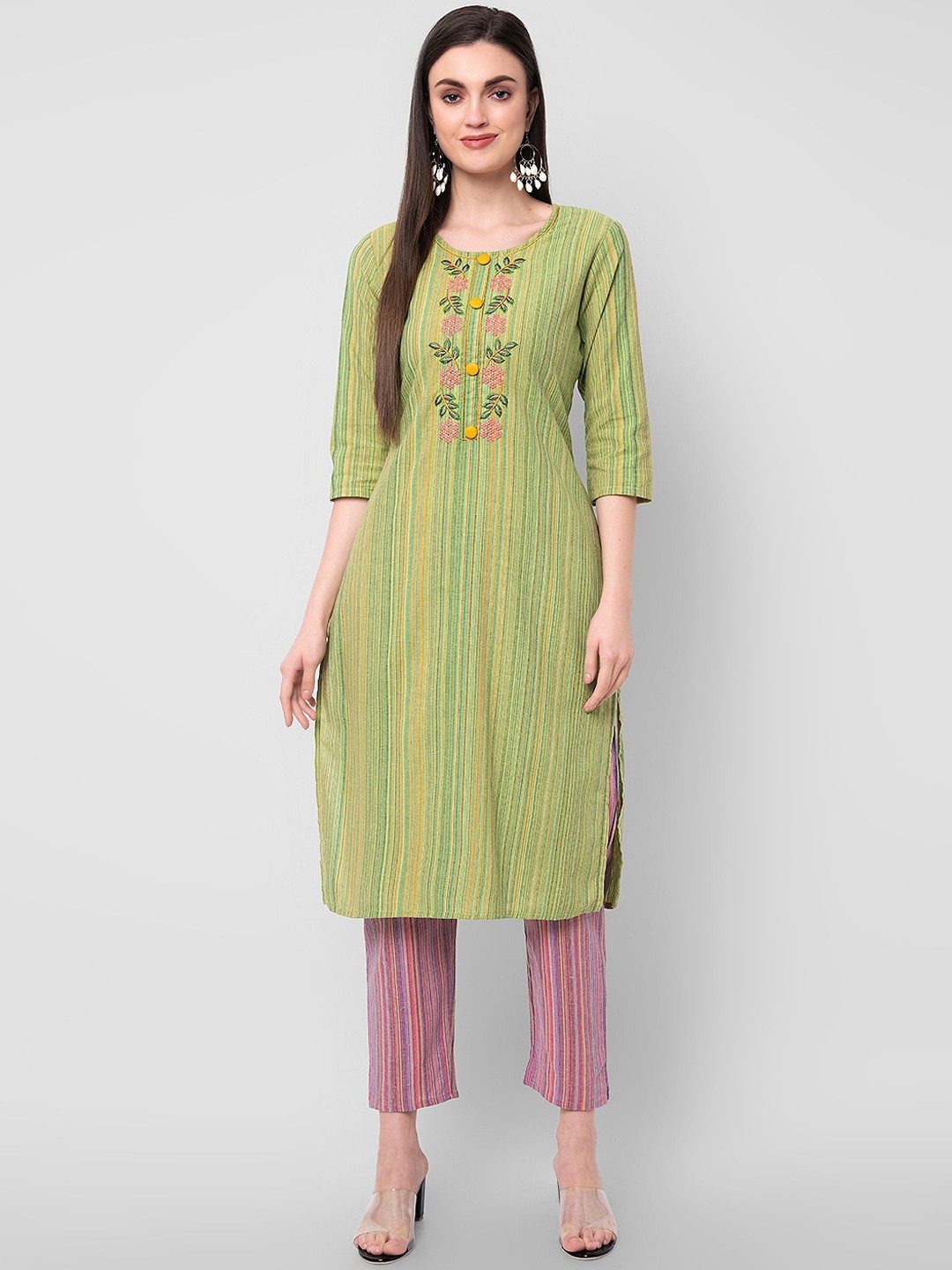 

Sanganeri Kurti Women Green Yoke Design Thread Work Pure Cotton Kurta with Trousers