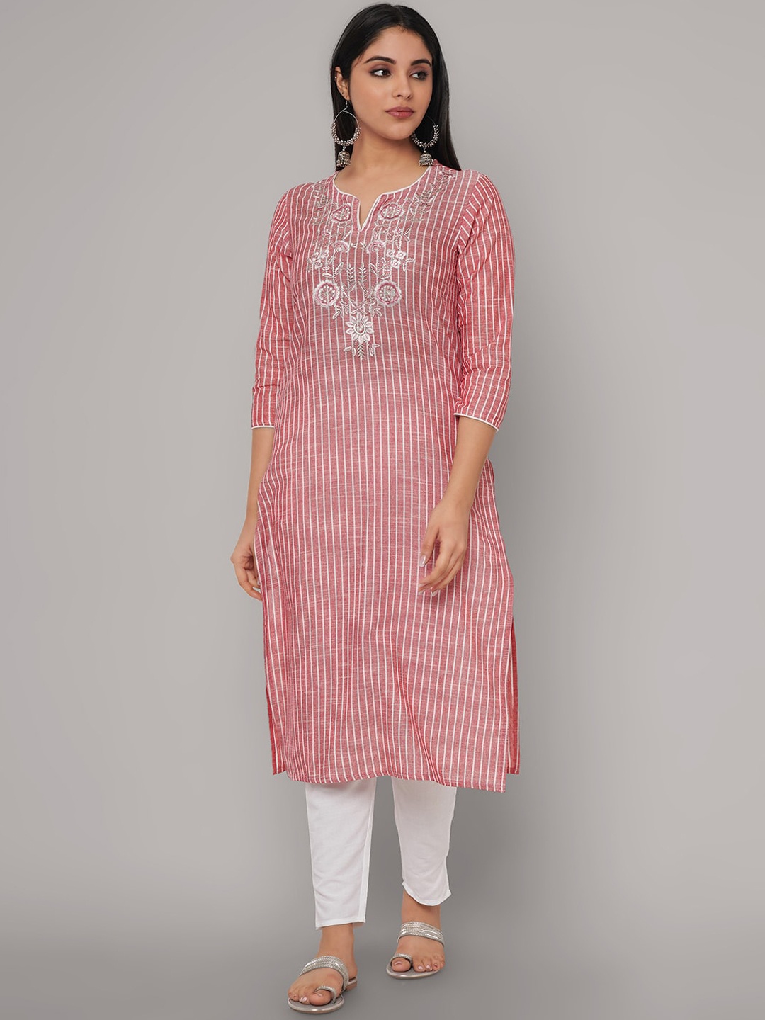 

Sanganeri Kurti Women Pink Striped Panelled Thread Work Pure Cotton Kurta with Trousers