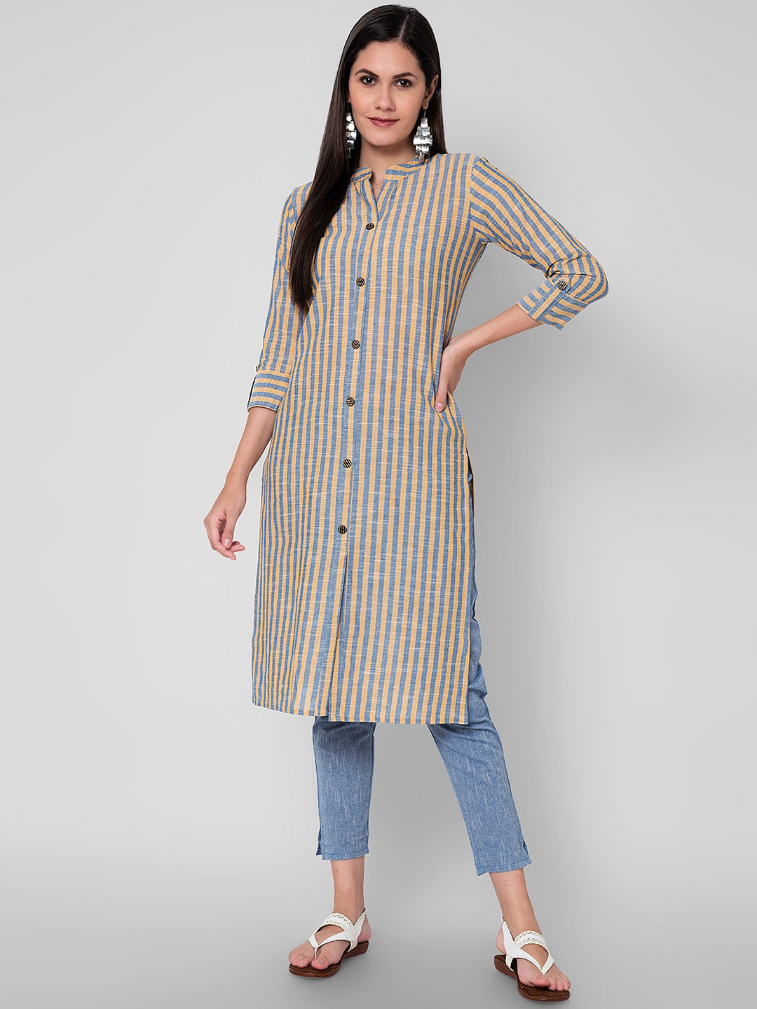 

Sanganeri Kurti Women Multicoloured Striped Panelled Pure Cotton Kurta with Trousers, Multi
