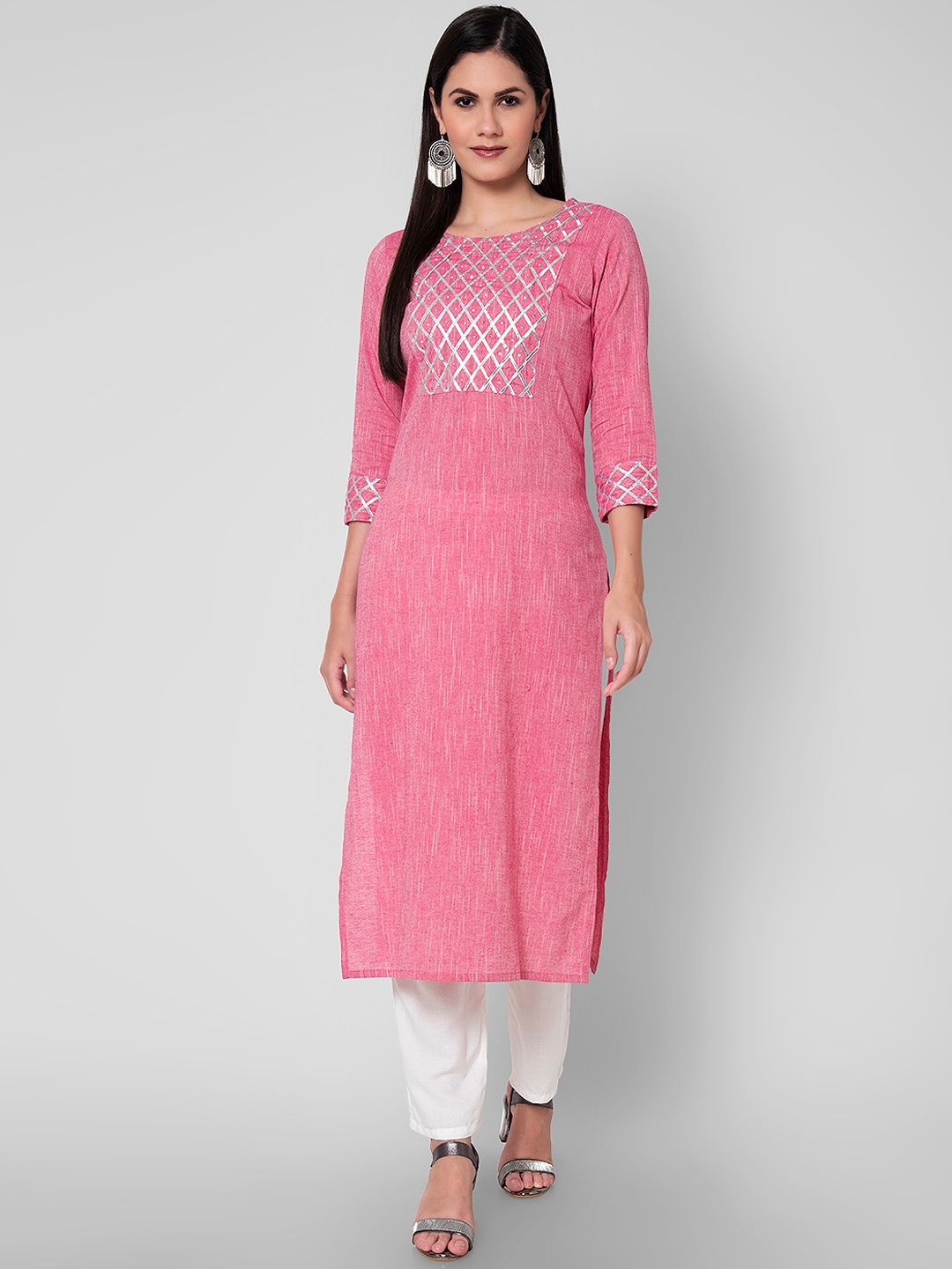 

Sanganeri Kurti Women Pink Yoke Design Gotta Patti Pure Cotton Kurti with Trousers