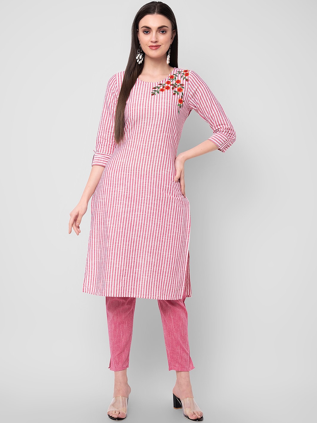 

Sanganeri Kurti Women Pink Striped Thread Work Pure Cotton Kurti with Trousers