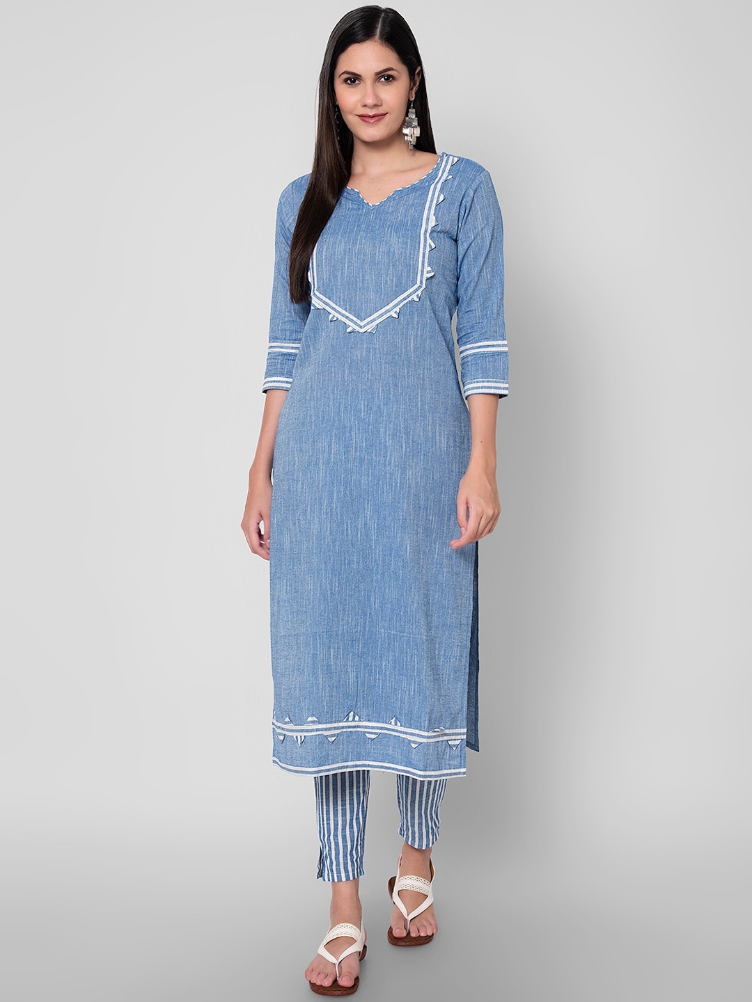 

Sanganeri Kurti Women Blue Striped Thread Work Pure Cotton Kurti with Palazzos