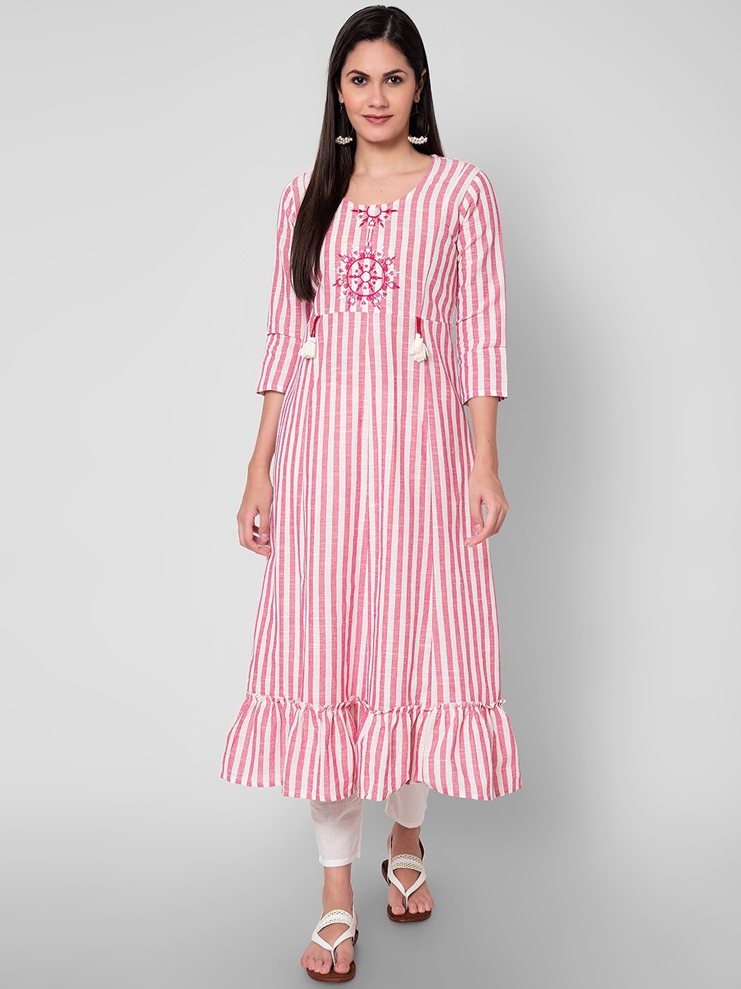 

Sanganeri Kurti Women Pink Striped Layered Thread Work Pure Cotton Kurta with Trousers
