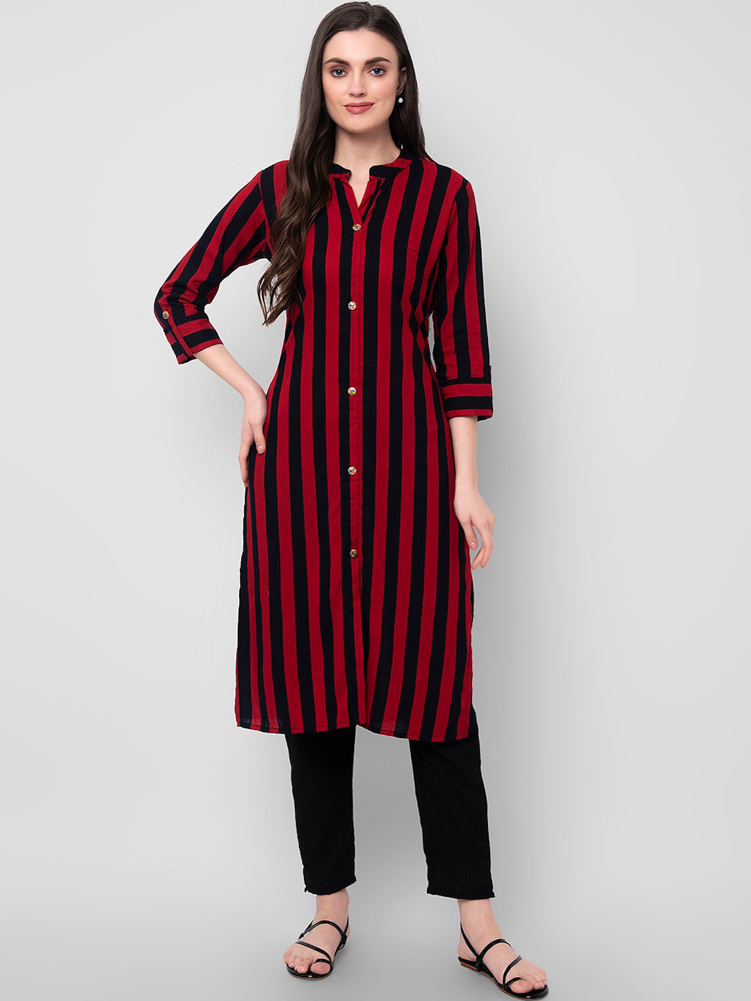 

Sanganeri Kurti Women Red Striped Panelled Kurta with Trousers