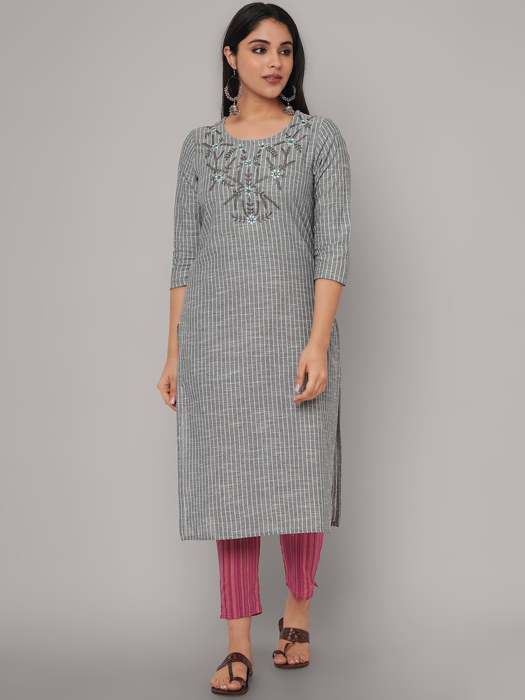 

Sanganeri Kurti Women Grey Striped Thread Work Pure Cotton Kurti with Trousers