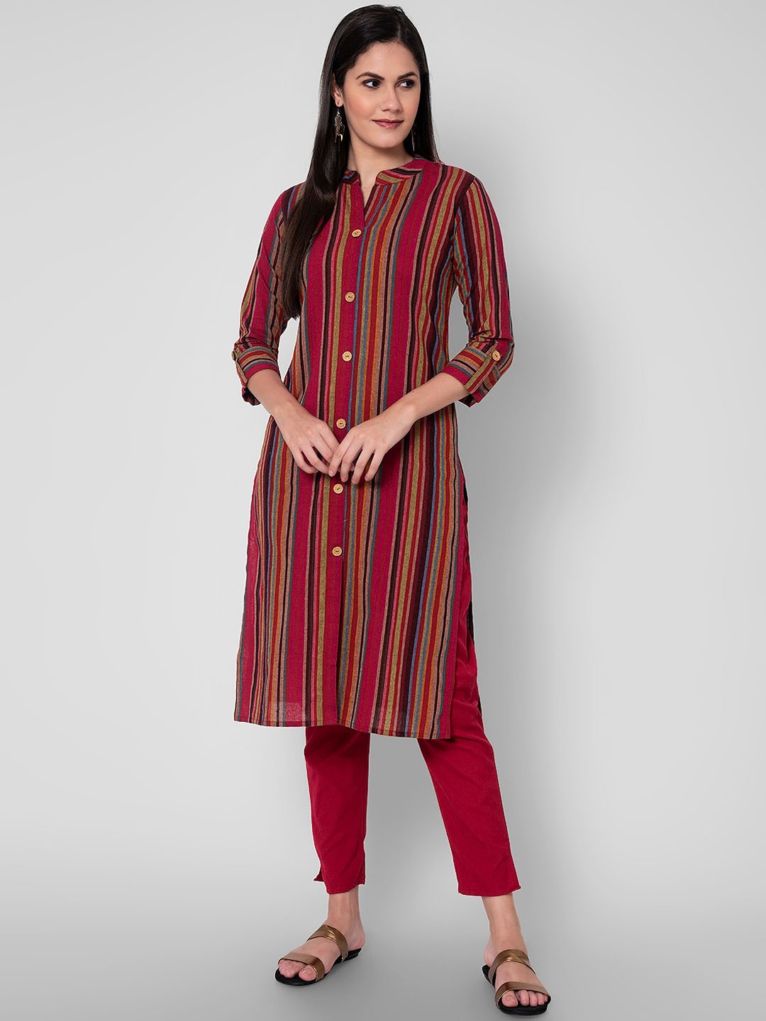 

Sanganeri Kurti Women Maroon Striped Pure Cotton Kurti with Trousers