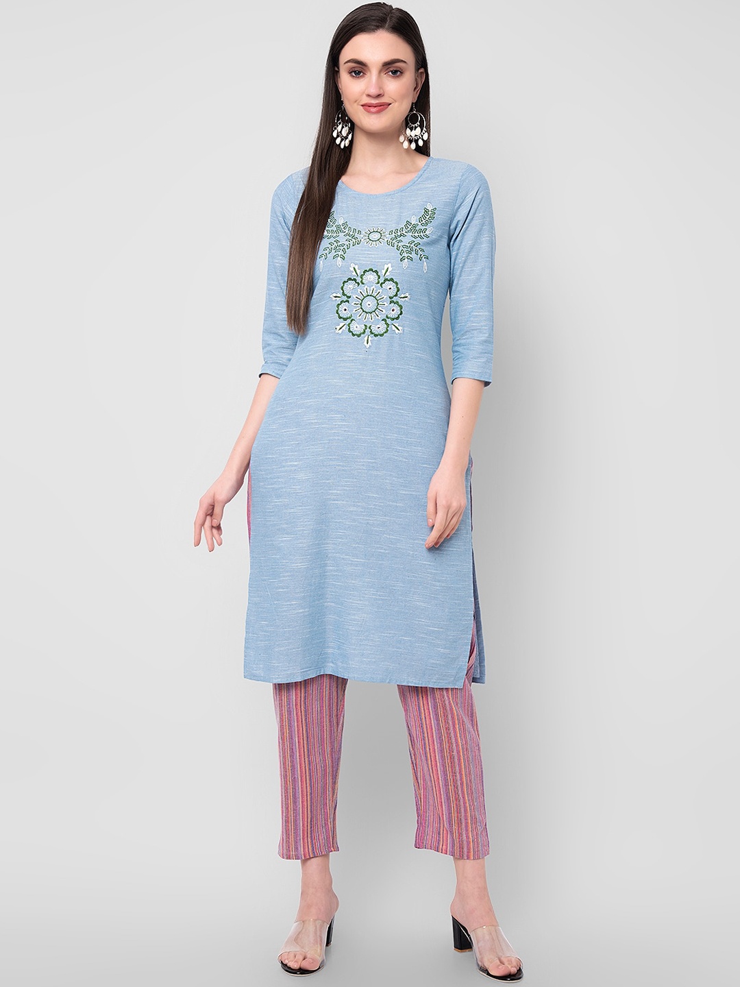 

Sanganeri Kurti Women Blue Floral Embroidered Thread Work Pure Cotton Kurta with Trousers