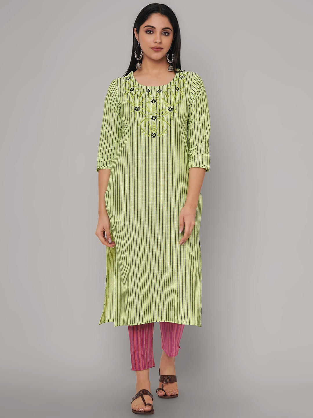 

Sanganeri Kurti Women Green Striped Thread Work Pure Cotton Kurti with Trousers