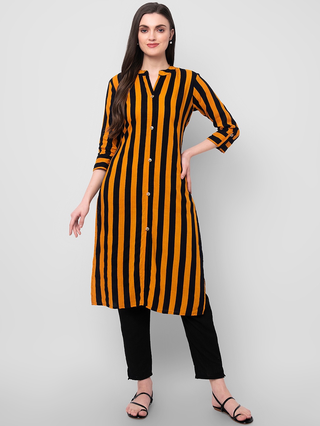 

Sanganeri Kurti Women Mustard Yellow Striped Kurta with Trousers