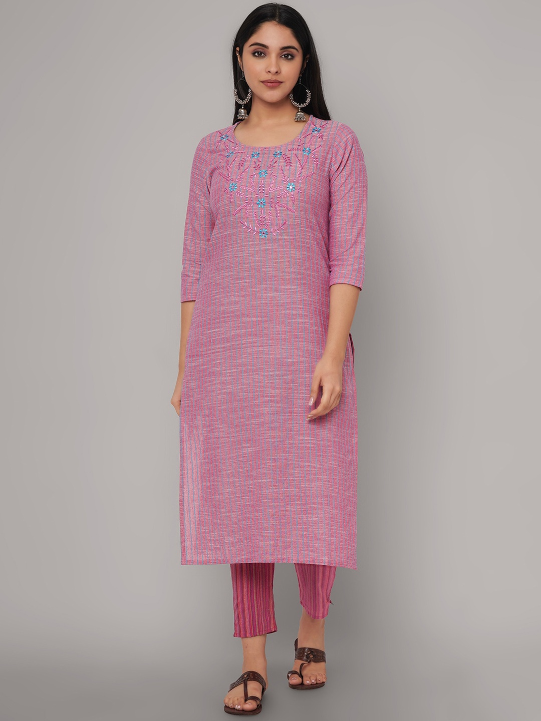 

Sanganeri Kurti Women Pink Floral Embroidered Thread Work Pure Cotton Kurta with Trousers