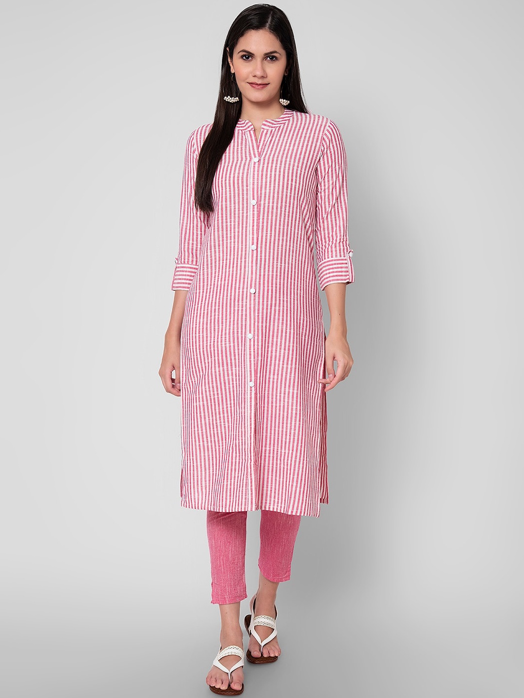 

Sanganeri Kurti Women Pink Striped Pure Cotton Kurta with Trousers
