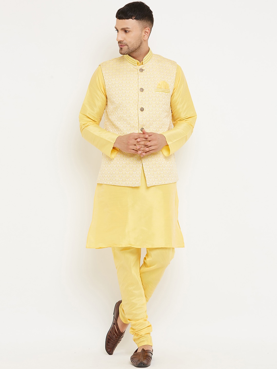 

Armaan Ethnic Men Yellow Kurta with Churidar & Nehru Jacket