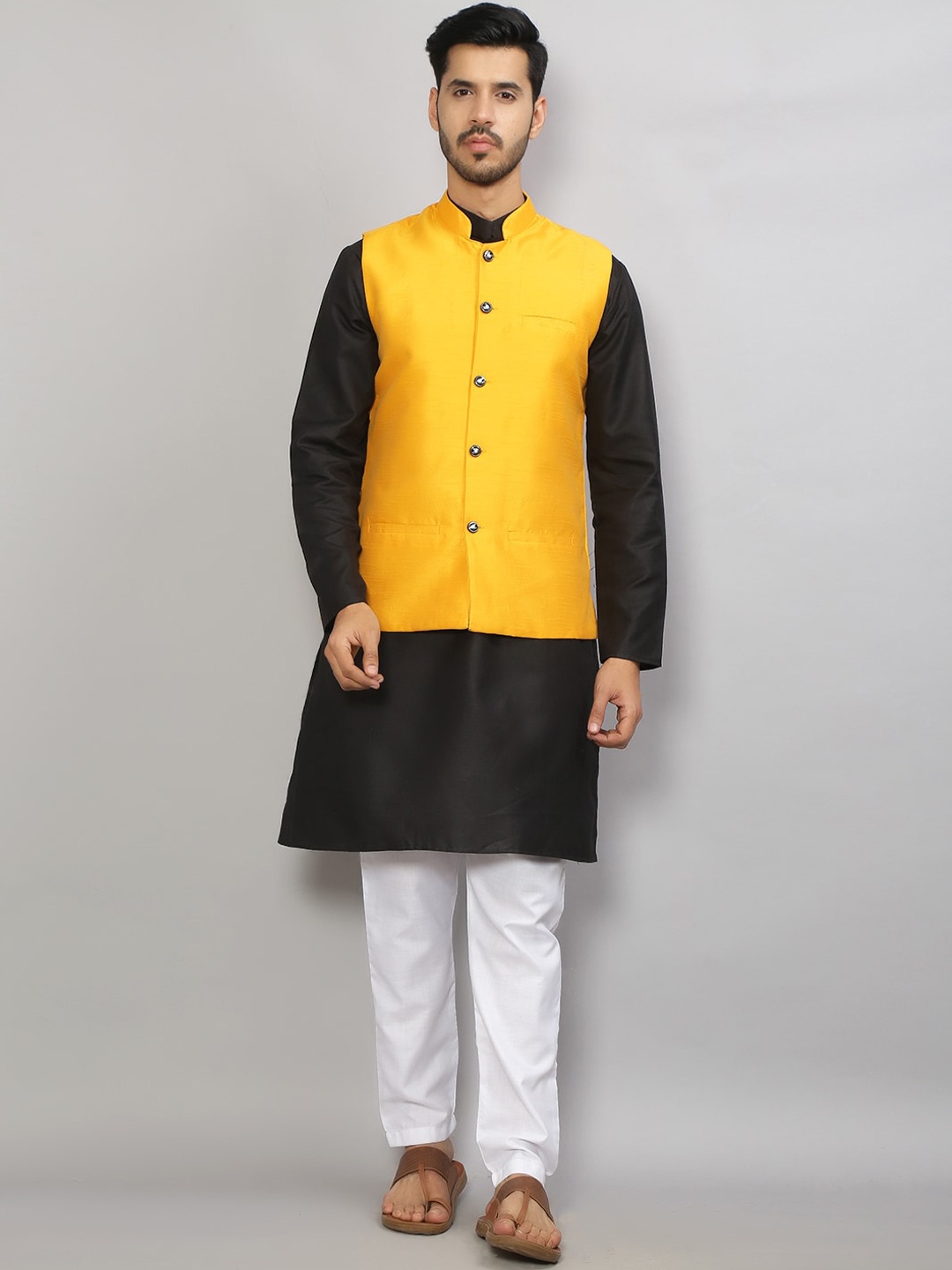 

GRACIT Men Black & Yellow Kurta with Pyjamas & Nehru Jacket