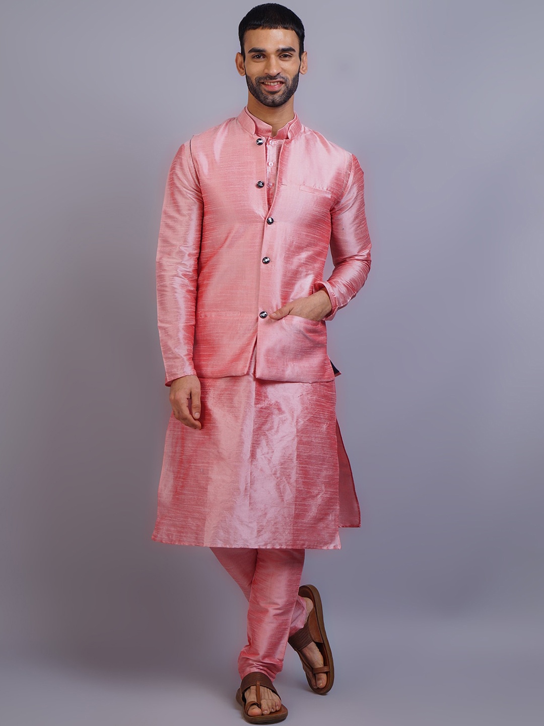 

GRACIT Men Pink Dupion Silk Kurta with Pyjamas & Nehru Jacket