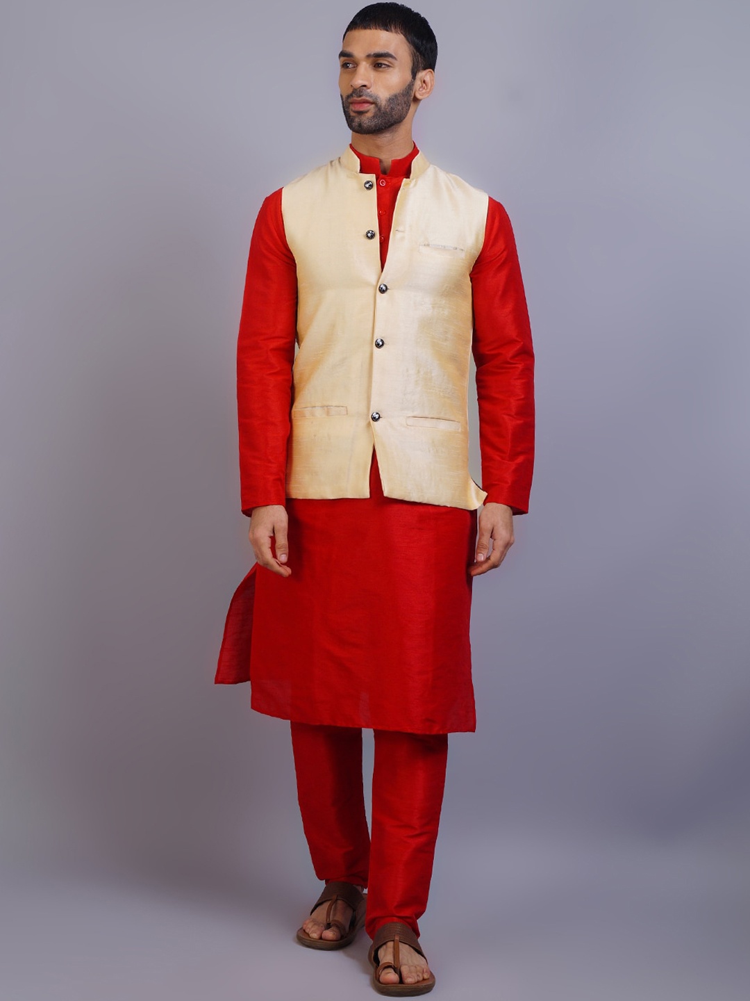 

GRACIT Men Red & Beige Dupion Silk Kurta with Pyjamas & Jacket