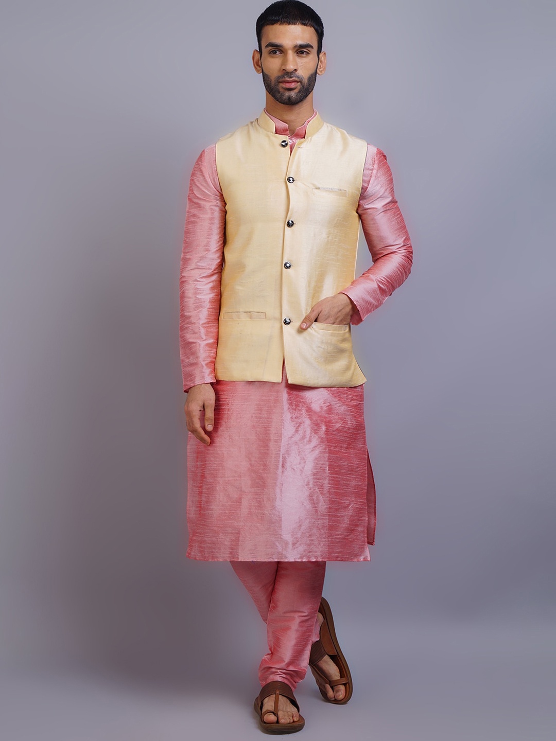 

GRACIT Men Pink & Beige Dupion Silk Kurta with Trousers & Nehru Jacket