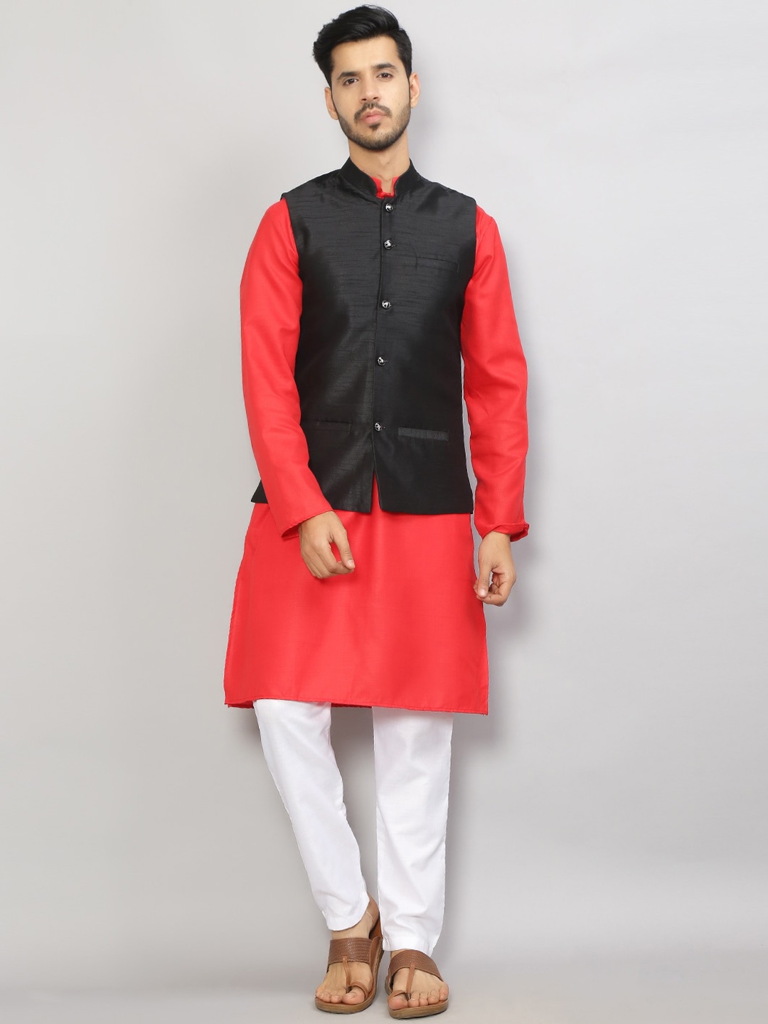 

GRACIT Men Red & Black Kurta with Pyjamas & Jacket