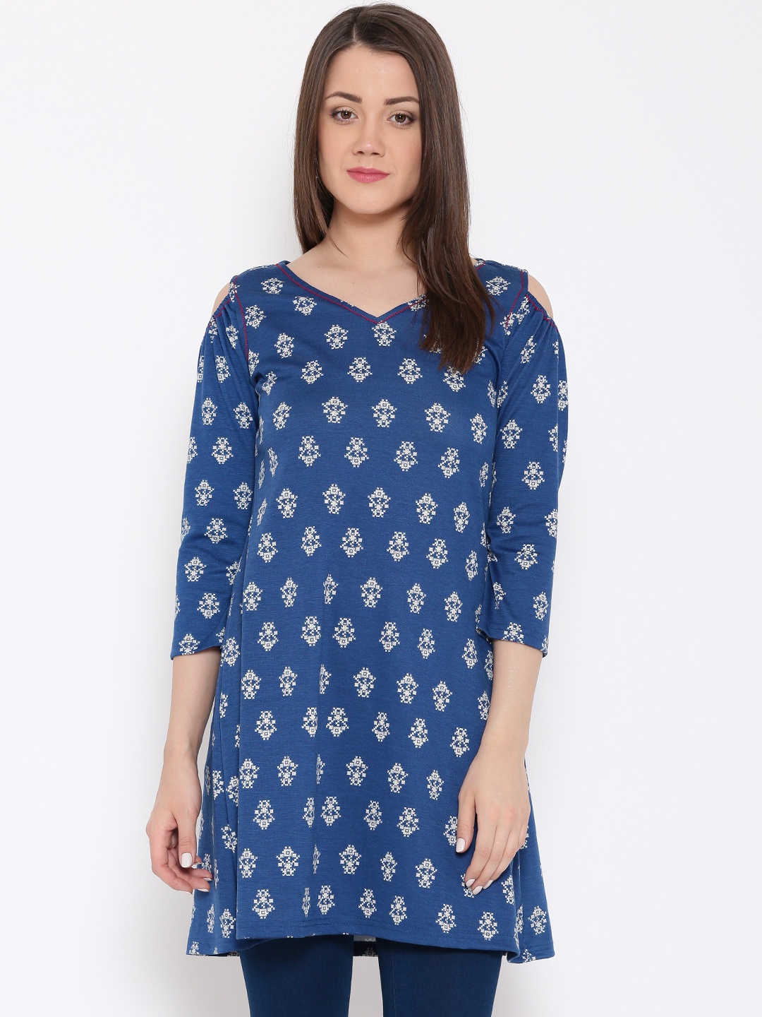 

Global Desi Blue & White Printed A-Line Tunic