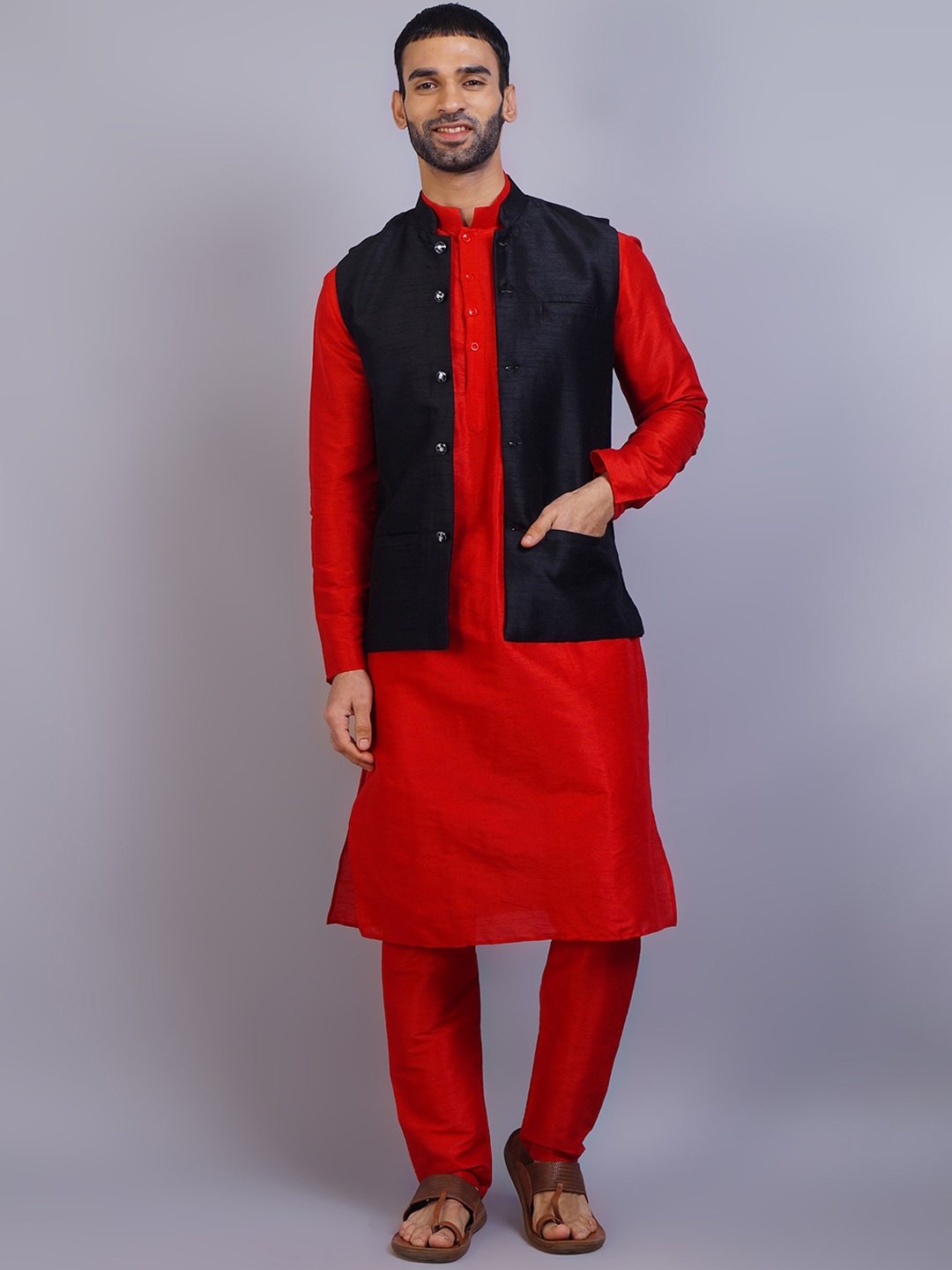 

GRACIT Men Red Dupion Silk Kurta with Pyjamas & Jacket