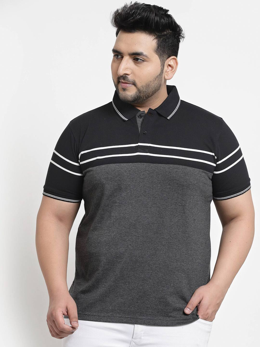 

plusS Men Plus Size Grey & Black Striped Polo Collar Cotton T-shirt
