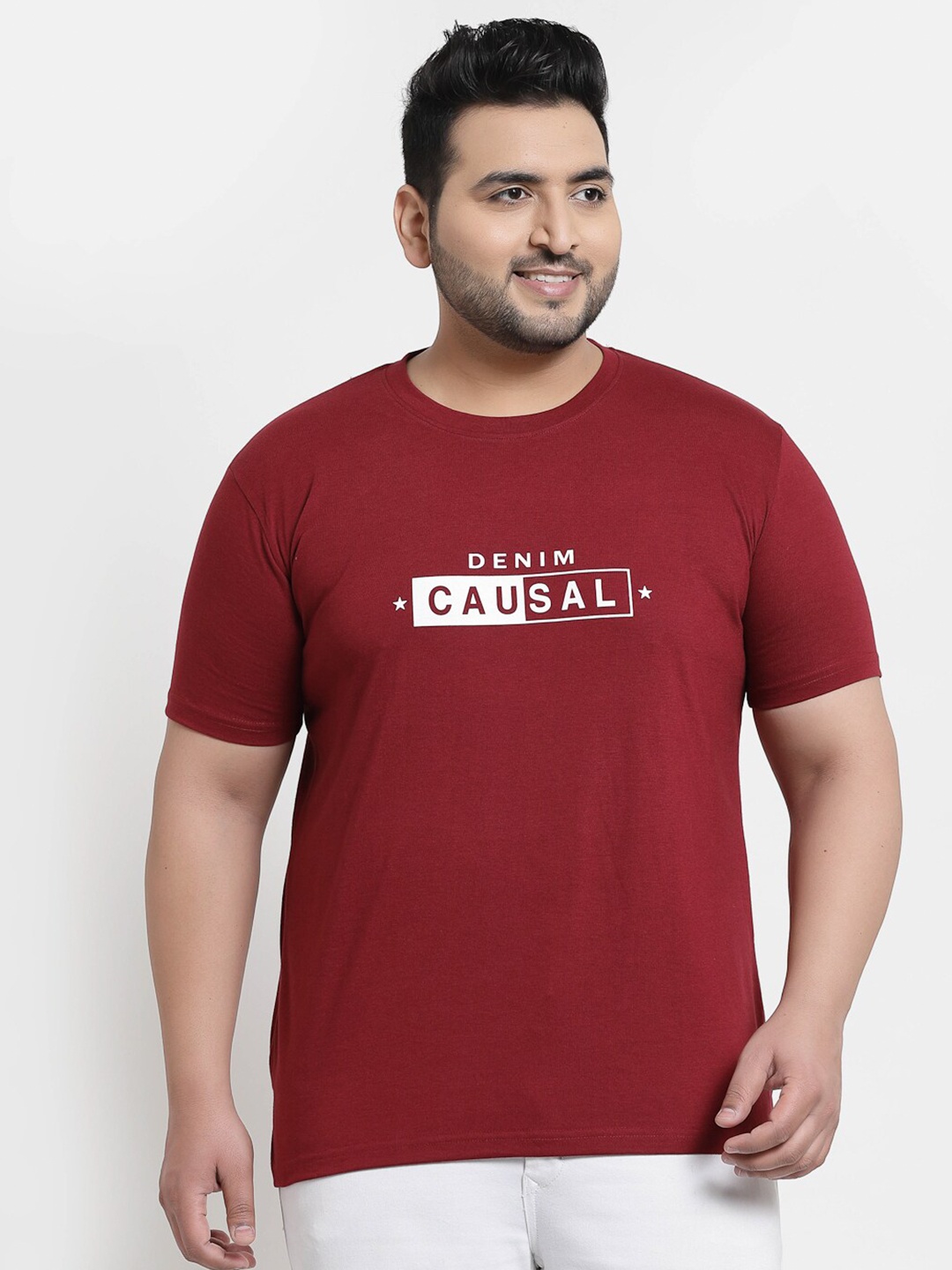 

plusS Men Plus Size Maroon & White Printed Pure Cotton T-shirt