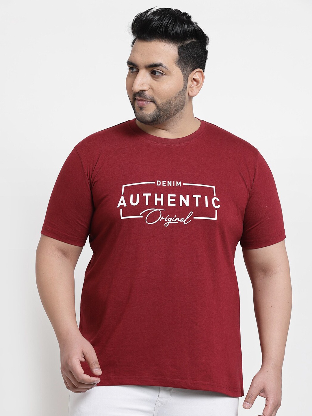 

plusS Men Plus Size Maroon Typography Printed T-shirt
