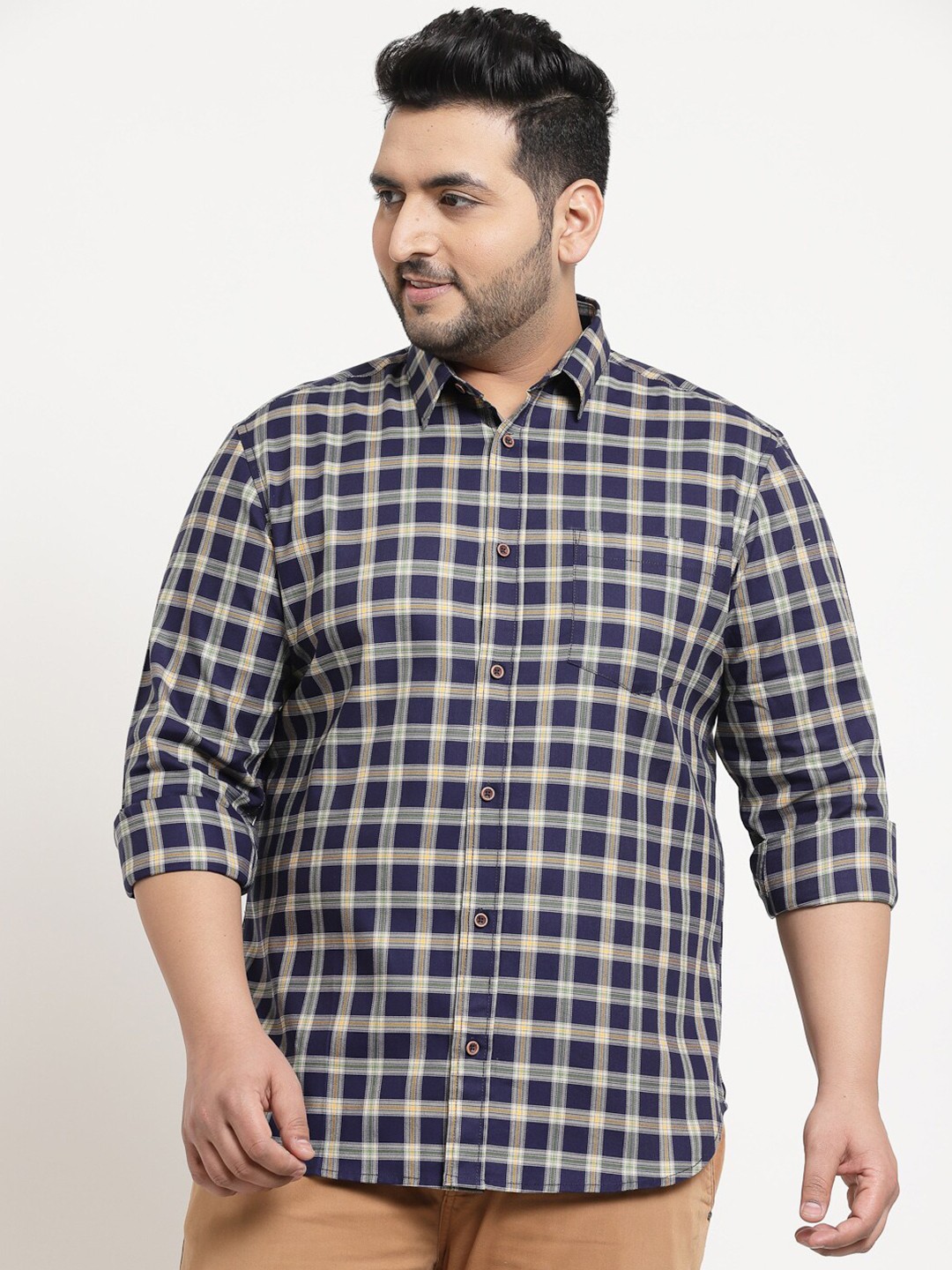 

plusS Men Plus Size Navy Blue Gingham Checks Checked Casual Shirt