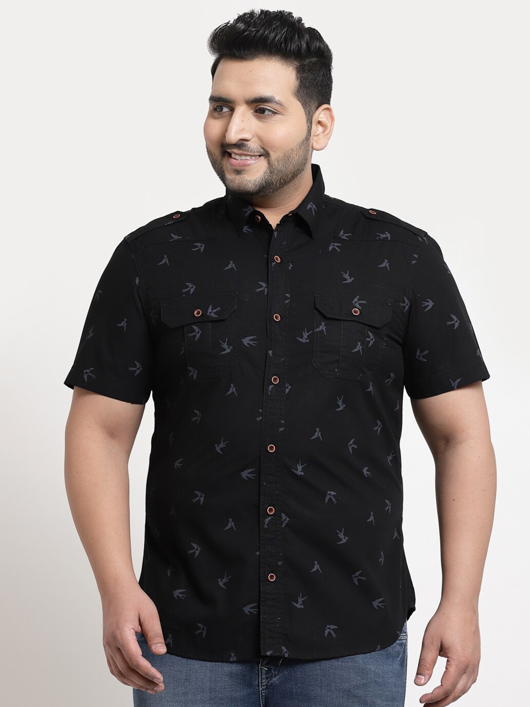 

plusS Men Plus Size Black Printed Cotton Casual Shirt
