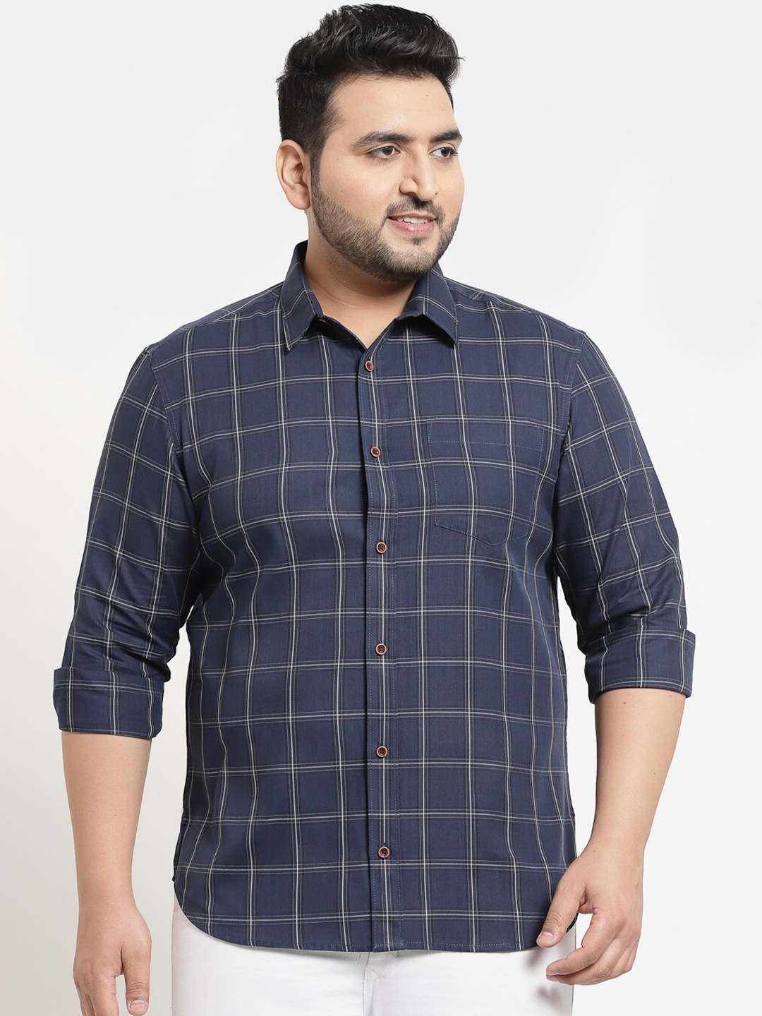

plusS Men Plus Size Navy Blue Tartan Checks Checked Cotton Casual Shirt