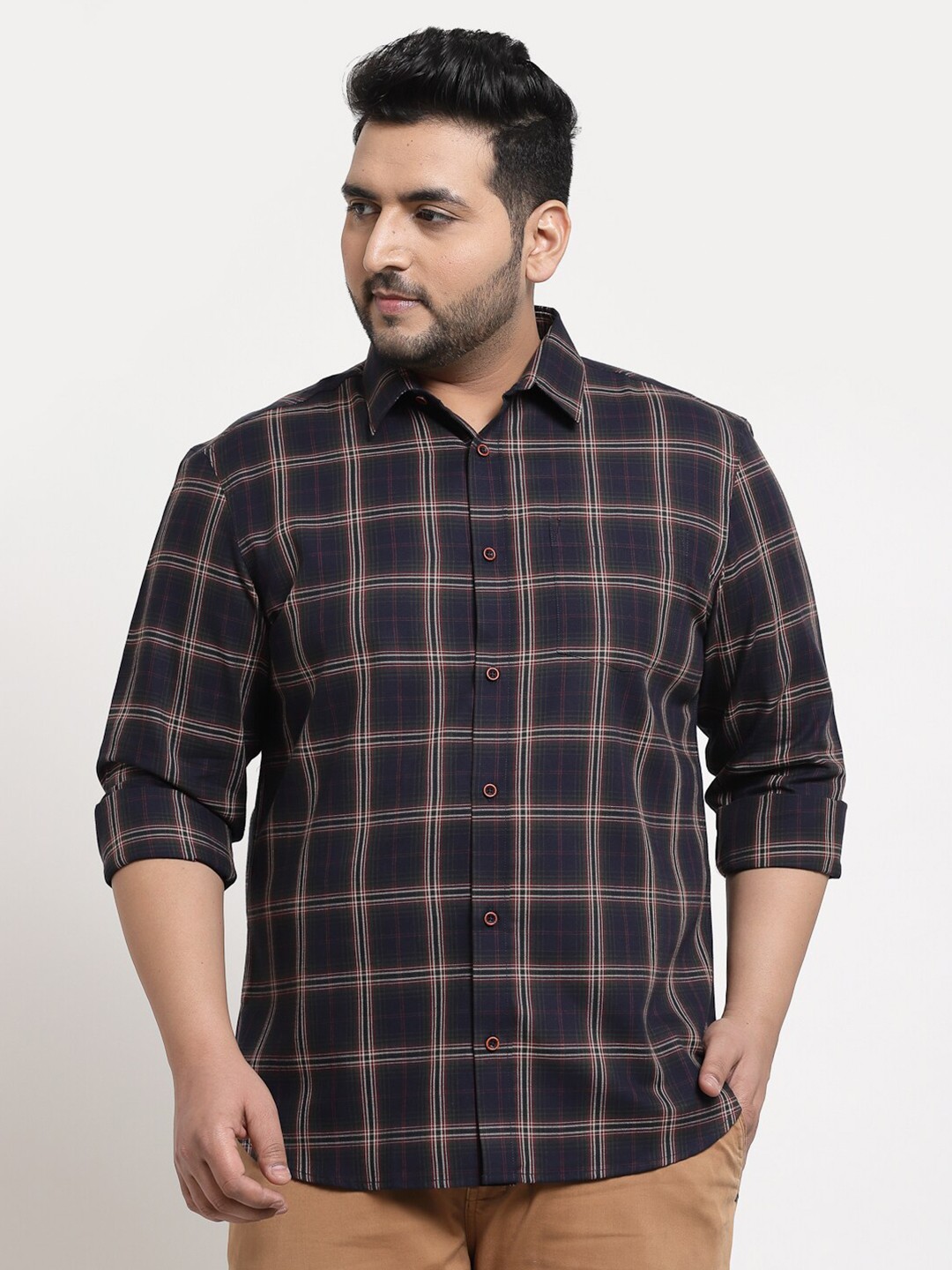 

plusS Men Plus Size Navy Blue & Red Checked Cotton Casual Shirt