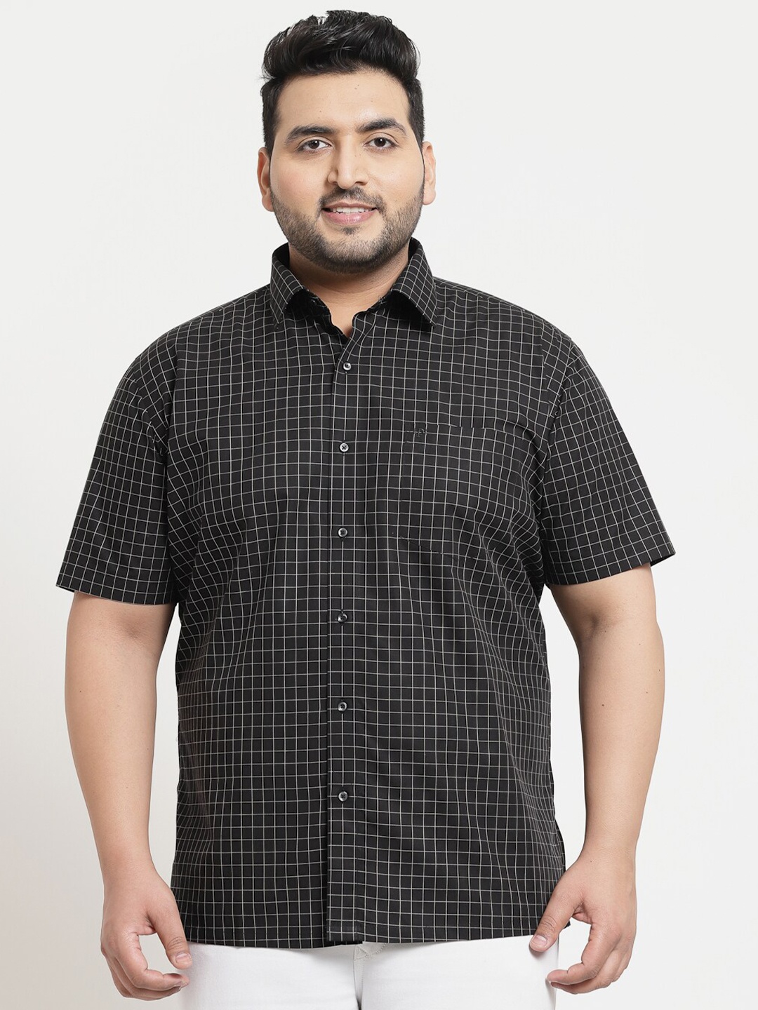 

plusS Plus Size Men Black Grid Tattersall Checks Checked Cotton Casual Shirt