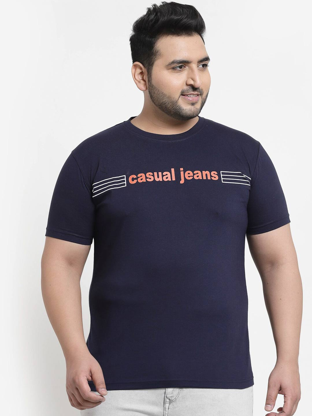 

plusS Men Navy Blue Typography Printed T-shirt