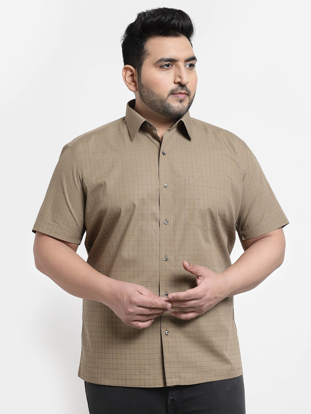

plusS Plus Size Men Khaki Grid Tattersall Checks Checked Cotton Casual Shirt